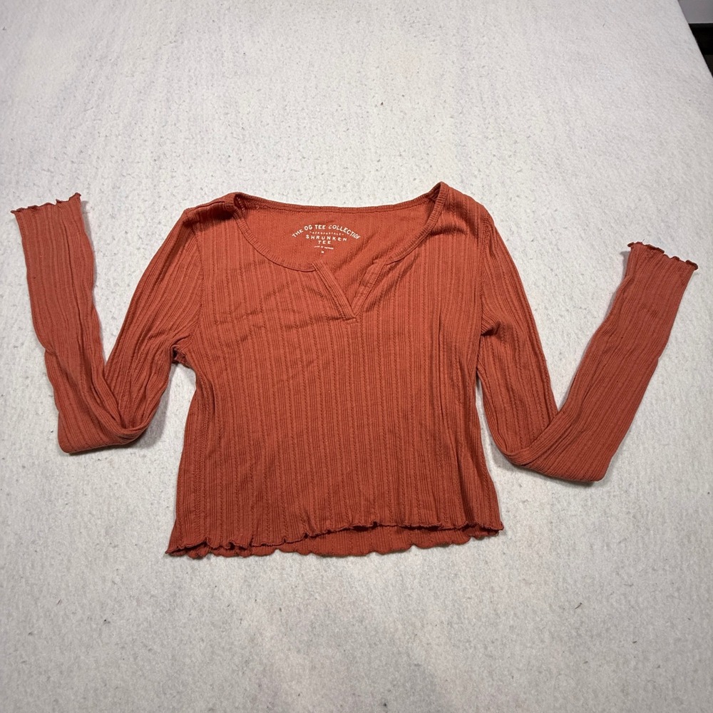 Aeropostale OG Tee Collection Shrunken Ribbed Long Sleeve Top Rust Orange Size M